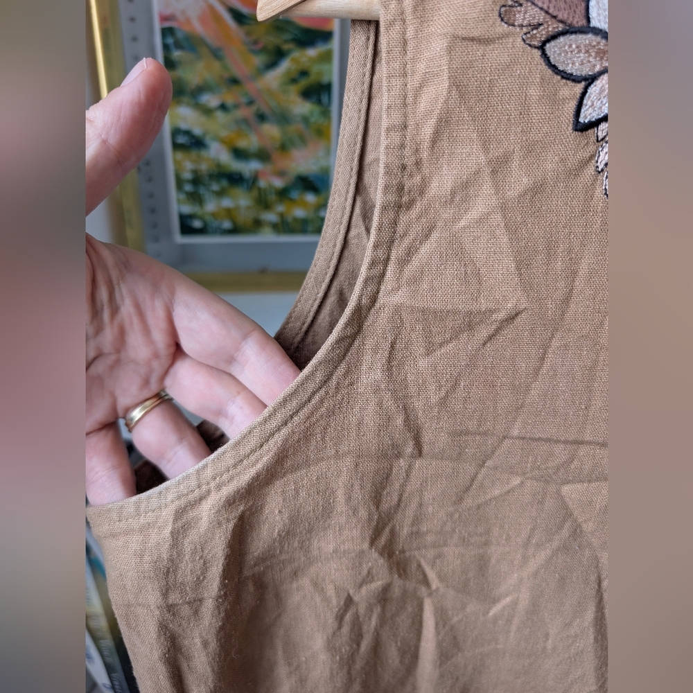 Women's Sleeveless Top Linen Blend Brown Embroidered Large Lagenlook Granola - Picture 4 of 8